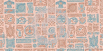 Ethnic mexican decor. Handmade Seamless Pattern for your design. Tribal tattos elements Cartoon Illustration