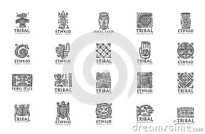 Ethnic mexican decor. Icons set for your design. Tribal tattos elements Vector Illustration