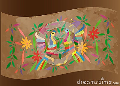 Ethnic Mexican tapestry with embroidery floral and peacock jungle animals hand-made. Naive print folk decorations. latin, Spanish Vector Illustration