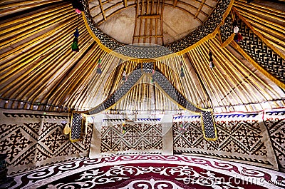 Ethnic nomadic yurt house interior in Kazakhstan Stock Photo