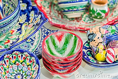 Ethnic orient ceramic tableware. Decorative ceramic cups with traditional ornament Stock Photo