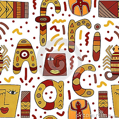 Ethnic ornament. Seamless pattern with african motifs. Illustration drawn in gouache on paper. For printing on packaging, digital Stock Photo