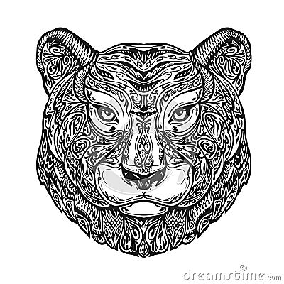 Ethnic ornamented tiger, puma, panther, leopard or jaguar. Hand drawn vector illustration with floral elements Vector Illustration