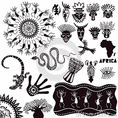 Ethnic ornaments of africa. A collection of ancient signs isolated on a white background. Vector set Stock Photo