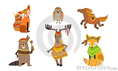 Ethnic Patterned Animals Set, Fox, Owl, Horse, Beaver, Deer Vector Illustration Vector Illustration