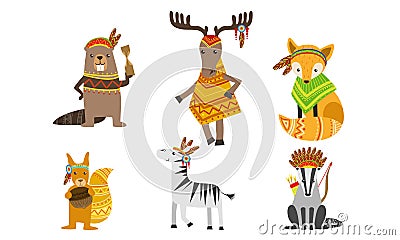 Ethnic Patterned Animals Set, Horse, Beaver, Squirrel, Zebra, Raccoon, Deer Vector Illustration Vector Illustration