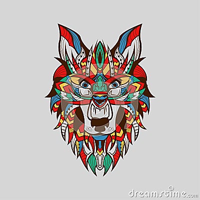 Ethnic patterned head of Wolf Front view Brown Line Colour Vector Illustration