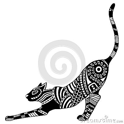 Ethnic patterned ornate decorative cat silhouette. Black and white hand drawn doodle illustration. Vector Illustration