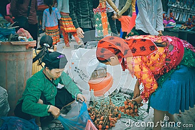 Ethnic people activity in the market, khau vai love market Editorial Stock Photo