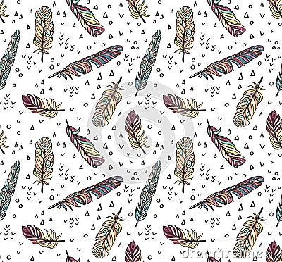 Ethnic seamless pattern with Feathers and chaotic dots and triangles. Vector illustration Vector Illustration