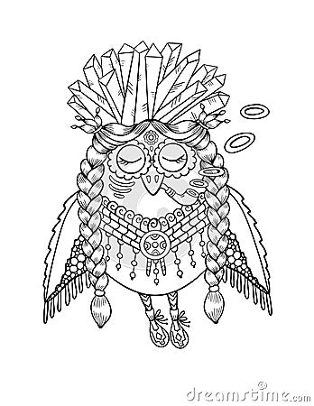 Ethnic shamanic owl bird adult coloring book page. Trippy animals coloring page. Owl stamp isolated on white background. Vector Illustration
