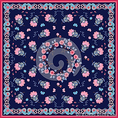 Ethnic shawl with paisley ornament and fantasy pink flowers on dark blue background. Indian, thai motives Stock Photo