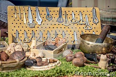 Ethnic souvenirs on the market counter. Folk musical instruments shaman Varga Stock Photo