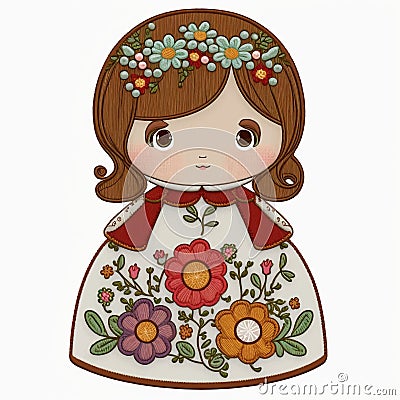 Ethnic style doll. Cartoon smiling little girl. Folkloric floral dress. Textured tapestry vector background illustration. Vector Illustration