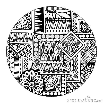 Ethnic tribal pattern in circle. Black and white mosaic mandala. Abstract vector background. Striped geometric tribal pattern. Vector Illustration