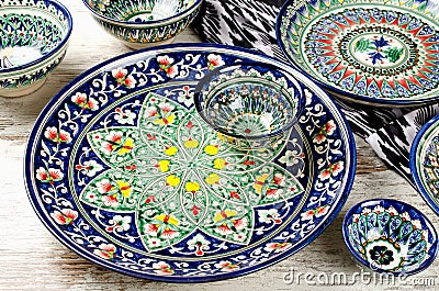 Ethnic Uzbek ceramic tableware. Stock Photo