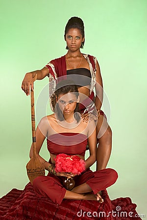 Ethnic woman chief and female guard holding spear Stock Photo