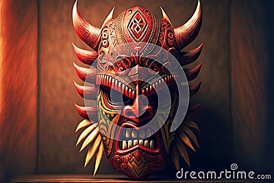 ethnic wooden red evil tiki mask south american indians Stock Photo