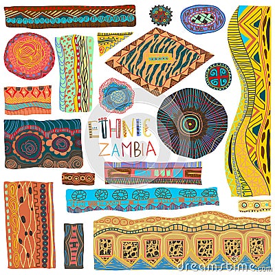 Ethnic Zambia patterns collection. Tribal African ornaments and textures set. Vector Illustration