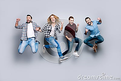 Ethnicity diversity careless freedom people chill hang-out figure playful funny showing symbols concept. Four excited cheerful ac Stock Photo