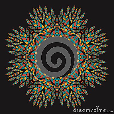 Ethnicity floral round ornament on the black background . Vector Illustration