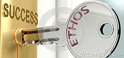 Ethos and success - pictured as word Ethos on a key, to symbolize that Ethos helps achieving success and prosperity in life and Cartoon Illustration