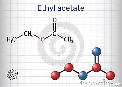 Ethyl acetate, ethyl ethanoate, C4H8O2 molecule. It is acetate ester formed between acetic acid and ethanol. Structural chemical Vector Illustration