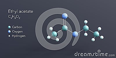 ethyl acetate molecule 3d rendering, flat molecular structure with chemical formula and atoms color coding Stock Photo