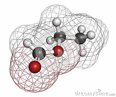 Ethyl formate (ethyl methanoate) molecule. Atoms are represented as spheres with conventional color coding: hydrogen (white), Stock Photo