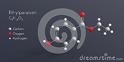 ethylparaben molecule 3d rendering, flat molecular structure with chemical formula and atoms color coding Stock Photo