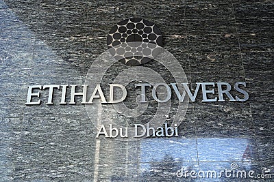 Abu Dhabi, UAE - February 2020: Sign of luxurious Etihad Towers in Abu Dhabi Editorial Stock Photo