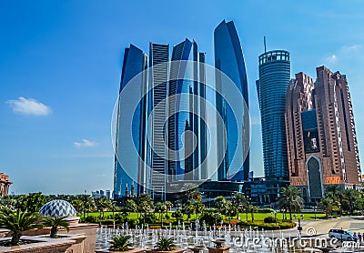 Etihad towers,a series of five tall buildings and hotel in Abu Dhabi Corniche , UAE Editorial Stock Photo