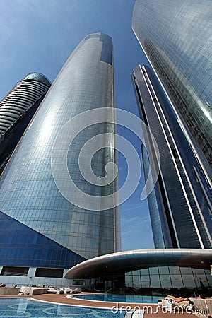 Etihad towers and swimming pool in Abu Dhabi Stock Photo