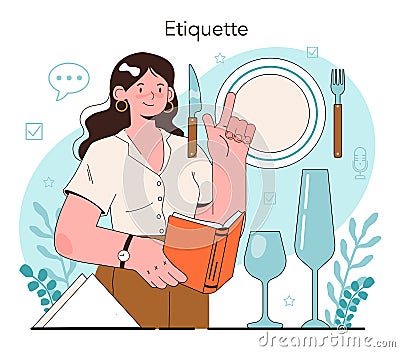 Etiquette school class. Students training good manners. Behaving kids Vector Illustration