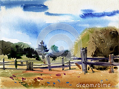 Etude Rural landscape with hay stack. Field, sky, fence. Watercolor drawing Stock Photo