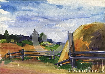 Etude Rural landscape with hay stack. Field, sky, fence. Watercolor drawing Stock Photo