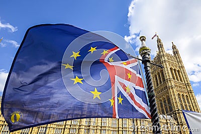 EU British flag outside Palace of Westminster, Houses of Parliament, London, UK Editorial Stock Photo