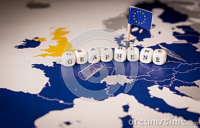EU flag and graphene word over a map of europe Stock Photo