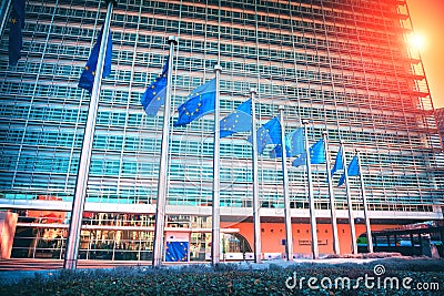 EU flags in front of European Parliament building. Brussels, Belgium Editorial Stock Photo