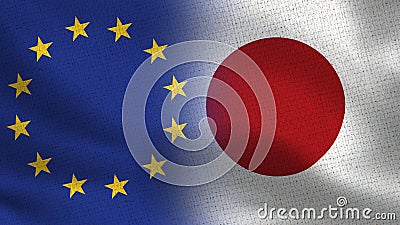 EU and Japan Realistic Half Flags Together Stock Photo