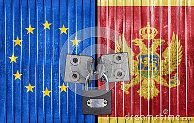 EU and Montenegro flag on door with padlock Stock Photo