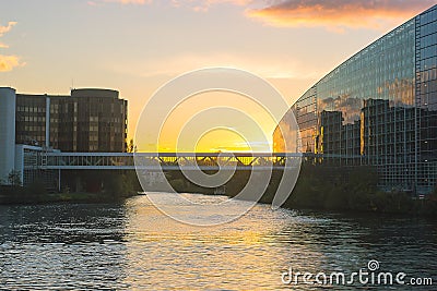 EU parliament building with sky and clouds above. Stock Photo