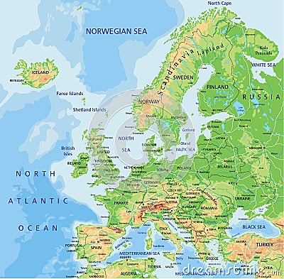 High detailed Europe physical map with labeling. Vector Illustration