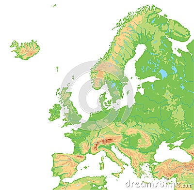 High detailed Europe physical map. Vector Illustration