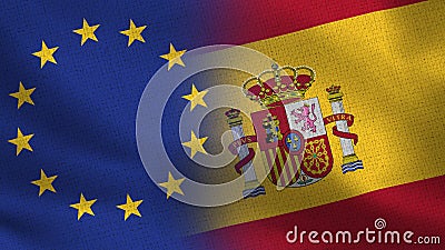 EU and Spain Realistic Half Flags Together Stock Photo