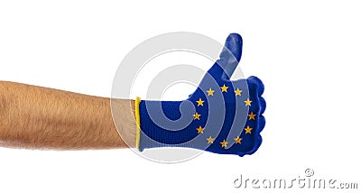 EU victory concept. Thumb up, European Union flag glove isolated on white background, cut out Stock Photo