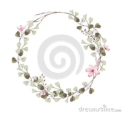 Eucalyptus branches, pink flowers design round frame. Rustic wedding greenery. Green, pink wreath. Hand drawn watercolor style sav Stock Photo