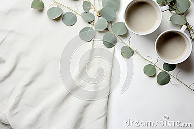 eucalyptus cups and leaves with a cup of coffee on white background mockup. Stock Photo