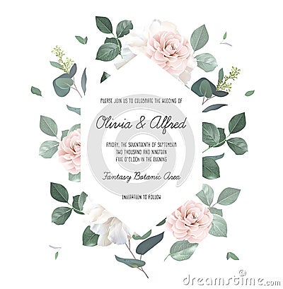 Eucalyptus and pale camellia, peony vector design invitation frame Vector Illustration