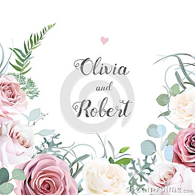 Eucalyptus, pale pink and cream roses, leaves and herbs Vector Illustration